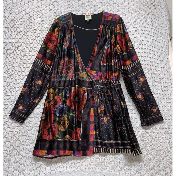 FARM Rio Dresses & Skirts - Farm‎ Rio Mini Wrap Dress Women L Black Floral Mixed Arabesque Scarves Long Slv